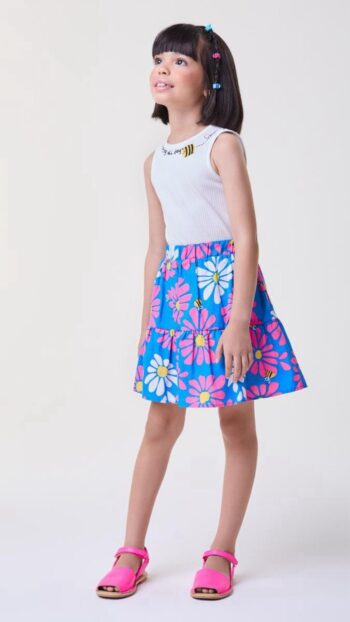 Conjunto Azul Flores Saia com Short Bimbi