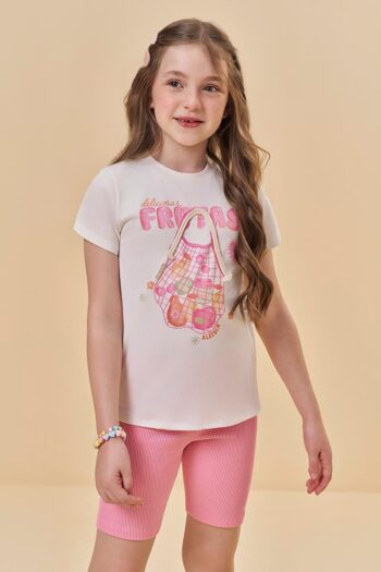 Conjunto de Blusa em Meia Malha e Bermuda Biker em Soft Line 95541 Kukiê Infantil Menina