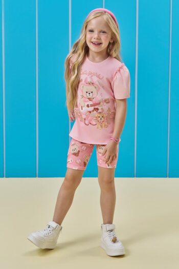 Conjunto de Blusa em Meia Malha e Bermuda Biker em Molecotton 95990 Kukiê Infantil Menina