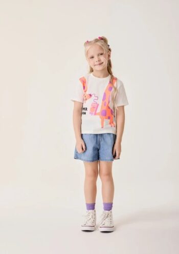 Conjunto Infantil Menina Bimbi com Shorts Jeans e Blusa Branca Girafinha
