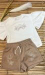 CONJ BLUSA BORDADA OFF COM SHORT BEGE IA