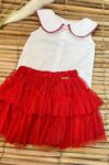CONJ BLUSA EM TRICOL. E SAIA EM TULY VERMELHA IMAGEM